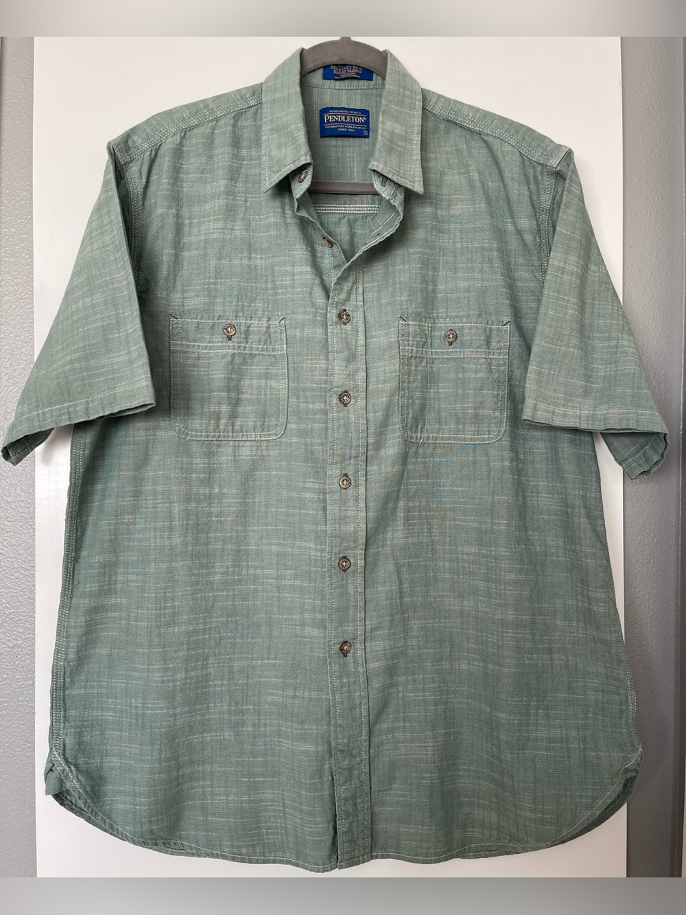 Pendleton Berkeley Shirt Men’s L Green Cotton Chambray Short Sleeve Button Up